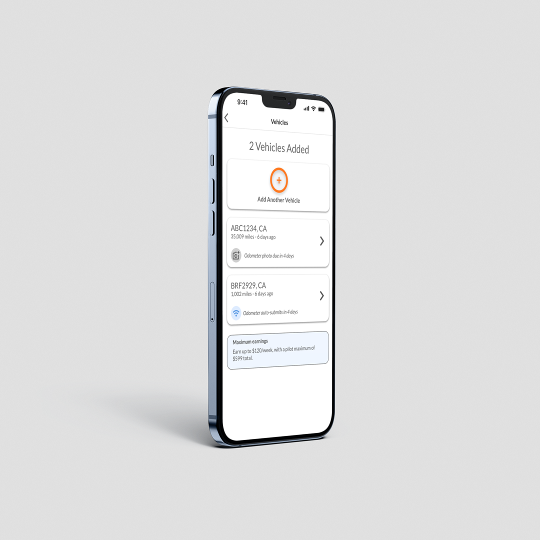 One Car Challenge app — registered vehicles list with maximum earnings tracker