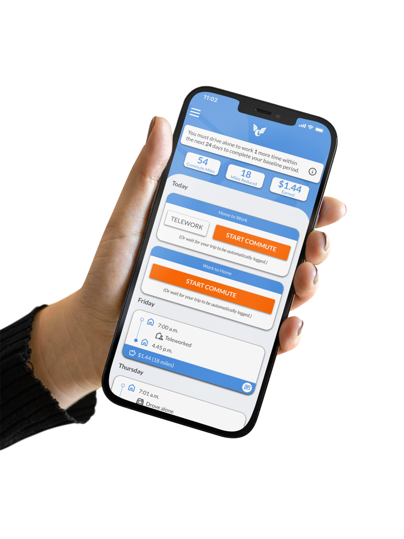 SBCTA VMT Bank app — commute logging interface showing telework and start commute options