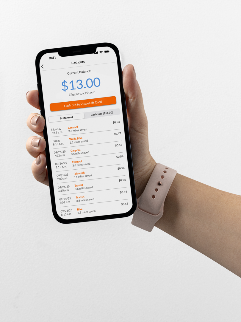 SBCTA VMT Bank app — held in hand, daily trip history