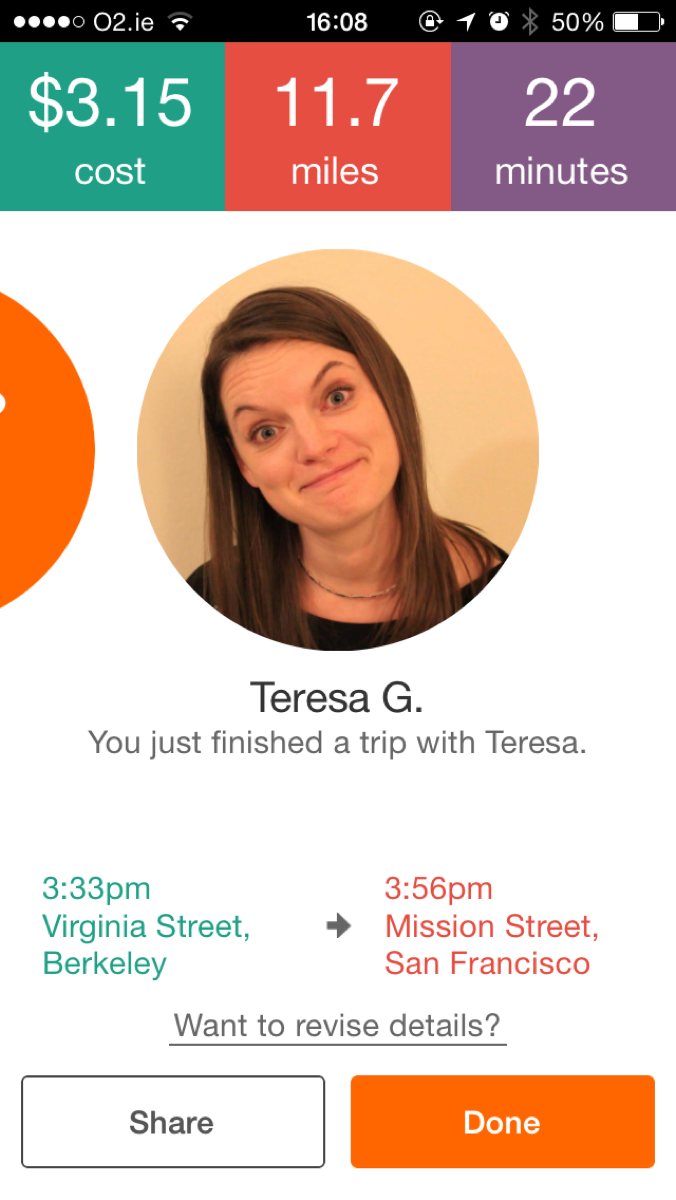 Carma carpooling app — trip completion screen showing a $3.15 cost, 11.7 miles, 22 minutes from Berkeley to Mission Street San Francisco with Teresa as the driver
