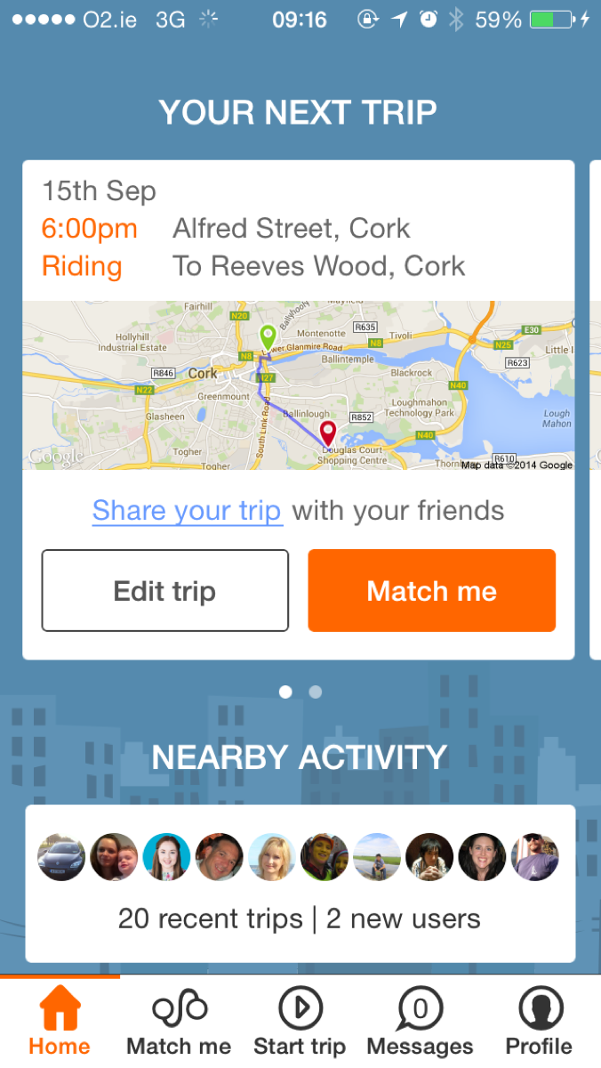Carma carpooling app — Your Next Trip screen showing a matched ride to Reeves Wood, with a Match me button