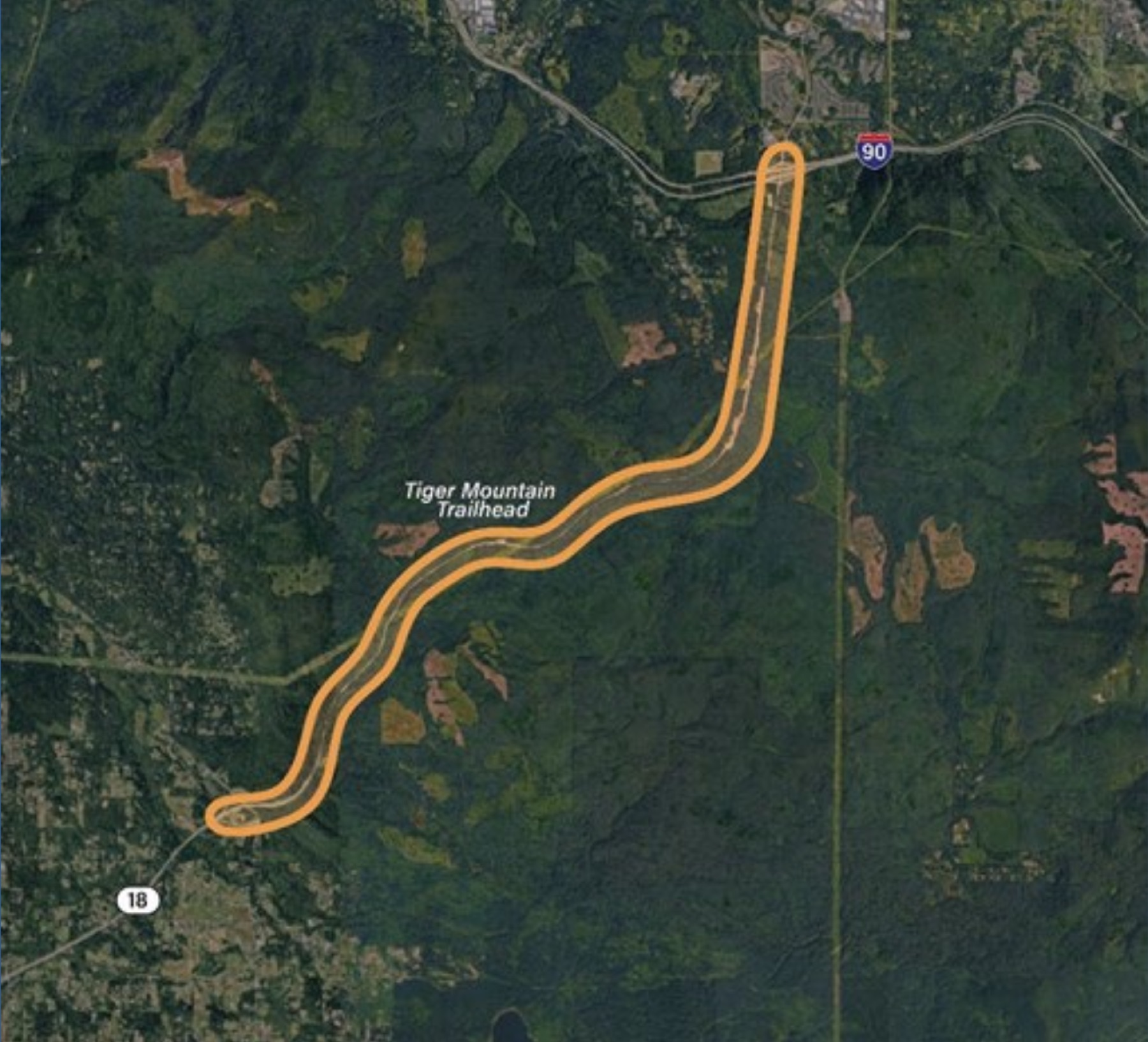 Aerial map of the 7-mile SR 18 corridor between I-90 and SR 18 South — Tiger Mountain area